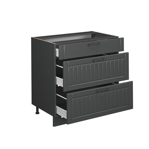 Meuble Cuisine Fame-line 56684 Gris Foncé 80cm Avec 3 Tiroirs, Pt Marbre