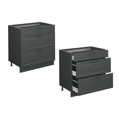 Meuble Cuisine Fame-line 56684 Gris Foncé 80cm Avec 3 Tiroirs, Pt Marbre