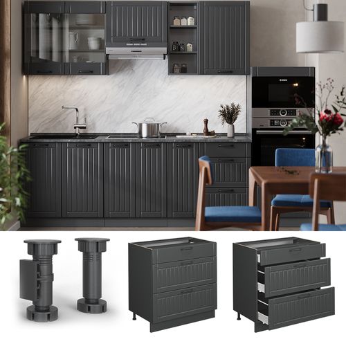 Meuble Cuisine Fame-line 56684 Gris Foncé 80cm Avec 3 Tiroirs, Pt Marbre