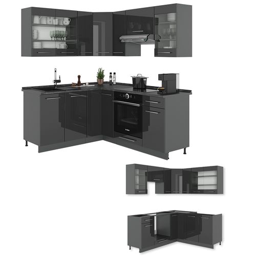 Cuisine En Angle Fame-line 56688 Anthracite Haute Brillance 190x46cm Sans Pt