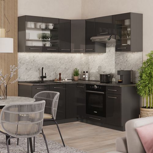Cuisine En Angle Fame-line 56688 Anthracite Haute Brillance 190x46cm Sans Pt
