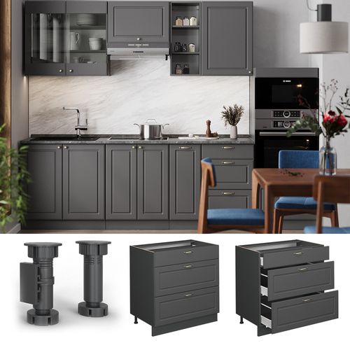 Meuble Cuisine Fame-line 56720 Anthrazit-gold Landhaus 80cm Avec 3 Tiroirs, Pt Marbre