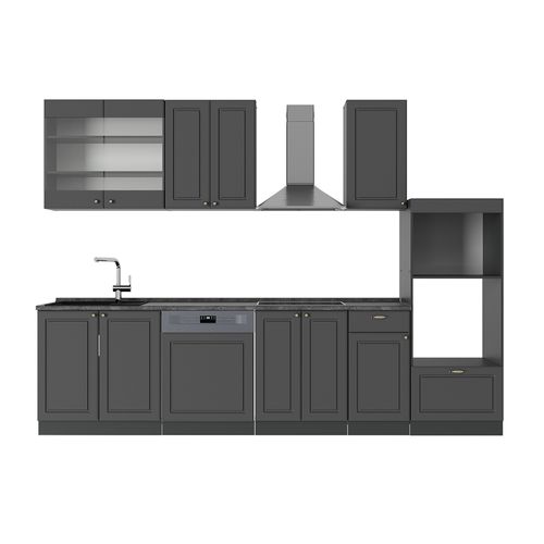 Cuisine Fame-line 56736 Anthrazit-gold Landhaus 300cm Avec Armoire Haute, Pt Anthracite