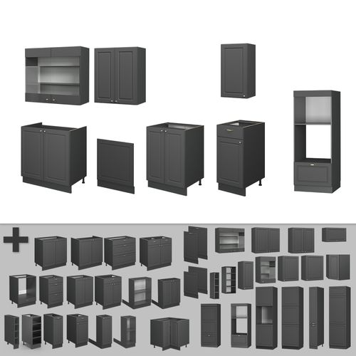 Cuisine Fame-line 56736 Anthrazit-gold Landhaus 300cm Avec Armoire Haute, Pt Anthracite