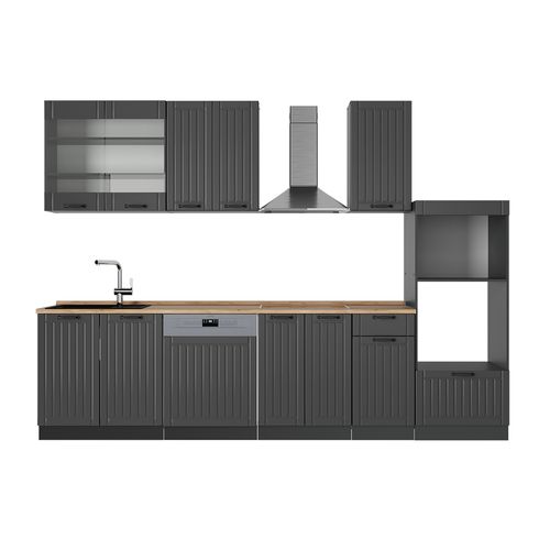 Cuisine Fame-line 56737 Gris Foncé 300cm Avec Armoire Haute, Pt Chêne