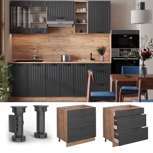 Meuble Cuisine Fame-line 56804 Gris Foncé 80cm Avec 3 Tiroirs, Sans Pt