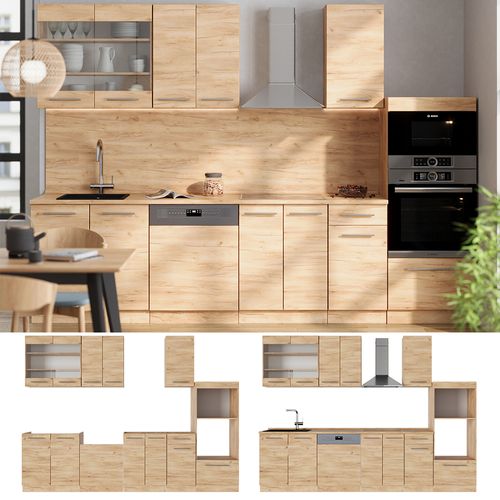 Cuisine Fame-line 56819 Chêne De Force Doré 300cm Avec Armoire Haute, Pt Marbre