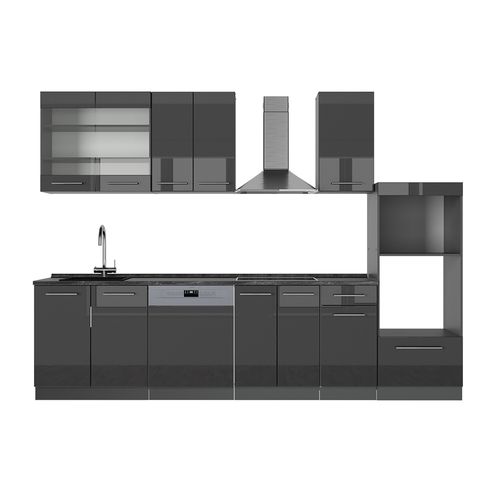 Cuisine Fame-line 56856 Anthracite Haute Brillance 300cm Avec Armoire Haute, Pt Anthracite