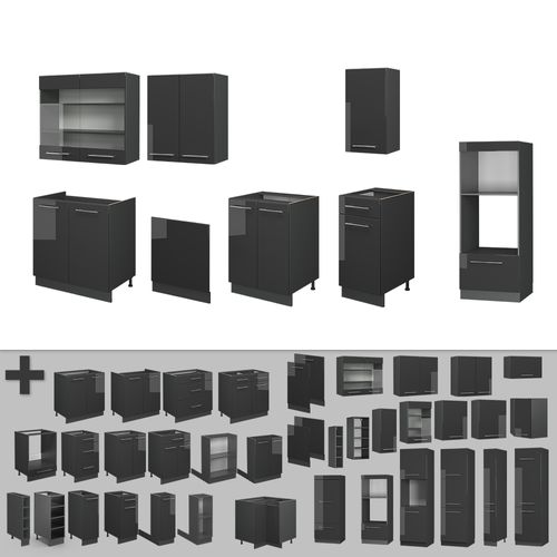 Cuisine Fame-line 56856 Anthracite Haute Brillance 300cm Avec Armoire Haute, Pt Anthracite