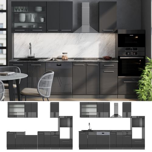 Cuisine Fame-line 56856 Anthracite Haute Brillance 300cm Avec Armoire Haute, Pt Anthracite