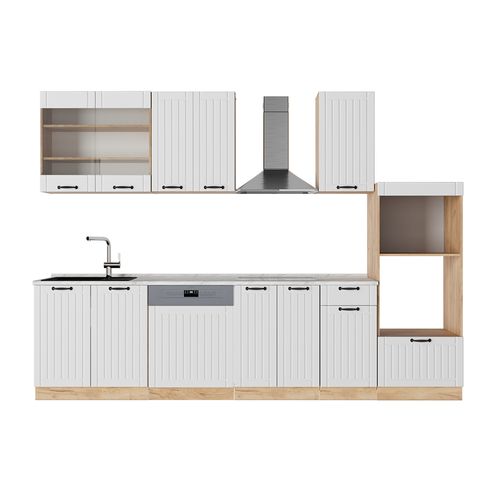 Cuisine Fame-line 56858 Blanc Campagne 300cm Avec Armoire Haute, Pt Marbre