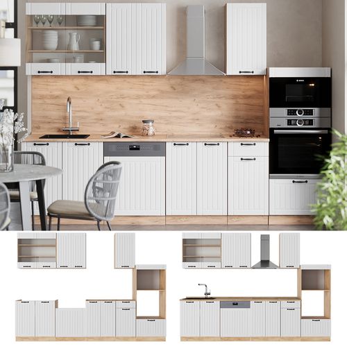 Cuisine Fame-line 56858 Blanc Campagne 300cm Avec Armoire Haute, Pt Marbre
