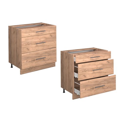 Meuble Cuisine Fame-line 56882 Chêne De Force Doré 80cm Avec 3 Tiroirs, Pt Anthracite