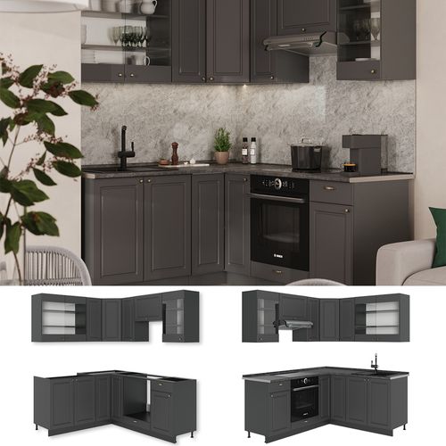 Cuisine En Angle Fame-line 56886 Anthrazit-gold Landhaus 190x60cm , Pt Marbre