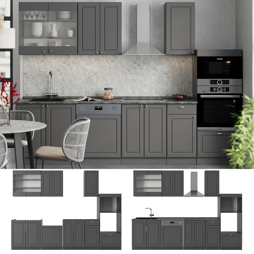 Cuisine Fame-line 56899 Anthrazit-gold Landhaus 300cm Avec Armoire Haute, Pt Marbre