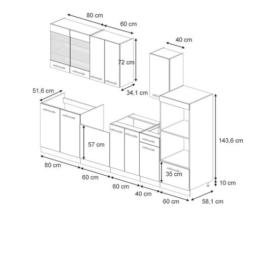 Cuisine Fame-line 56900 Gris Foncé 300cm Avec Armoire Haute, Sans Pt