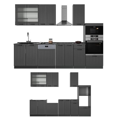 Cuisine Fame-line 56900 Gris Foncé 300cm Avec Armoire Haute, Sans Pt