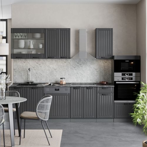 Cuisine Fame-line 56900 Gris Foncé 300cm Avec Armoire Haute, Sans Pt