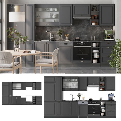 Cuisine Fame-line 56933 Anthrazit-gold Landhaus 355cm , Pt Marbre