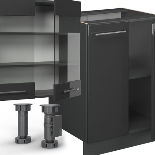 Cuisine Fame-line 56939 Anthracite Haute Brillance 300cm Avec Armoire Haute, Pt Marbre