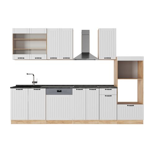 Cuisine Fame-line 56940 Blanc Campagne 300cm Avec Armoire Haute, Pt Anthracite