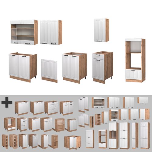 Cuisine Fame-line 56941 Blanc Campagne 300cm Avec Armoire Haute, Pt Chêne