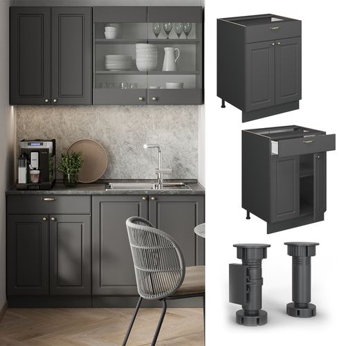 Meuble Cuisine Fame-line 56944 Anthrazit-gold Landhaus 60cm Avec Tiroir, Sans Pt