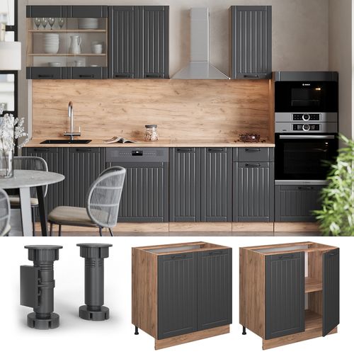 Meuble Bas De Cuisine Fame-line 56953 Gris Foncé 80cm Avec Étagère, Pt Chêne