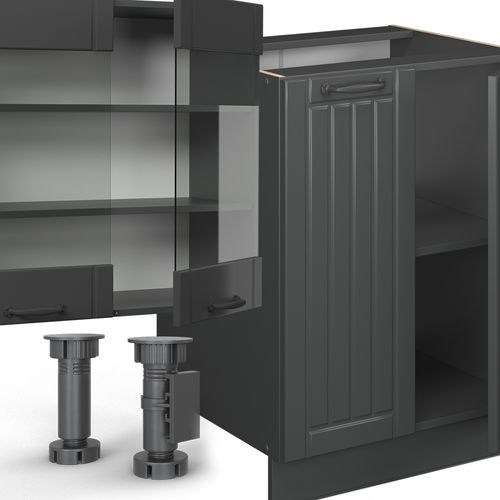 Cuisine Fame-line 57018 Gris Foncé 300cm Avec Armoire Haute, Pt Marbre