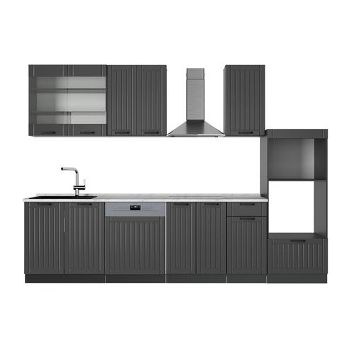 Cuisine Fame-line 57018 Gris Foncé 300cm Avec Armoire Haute, Pt Marbre