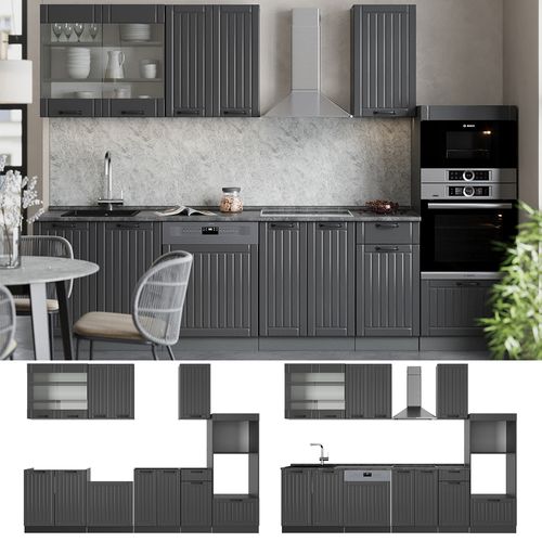 Cuisine Fame-line 57018 Gris Foncé 300cm Avec Armoire Haute, Pt Marbre