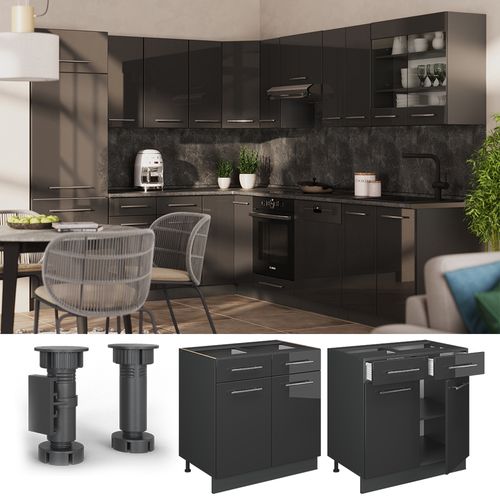 Meuble Cuisine Fame-line 57024 Anthracite Haute Brillance 80cm , Pt Anthracite