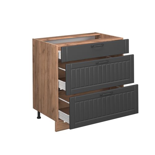 Meuble Cuisine Fame-line 57041 Gris Foncé 80cm Avec 3 Tiroirs, Pt Anthracite