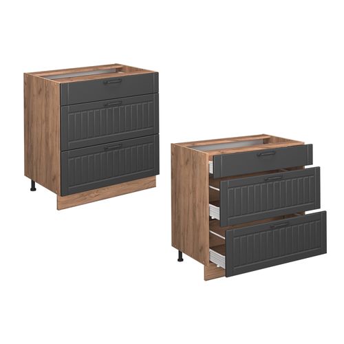 Meuble Cuisine Fame-line 57041 Gris Foncé 80cm Avec 3 Tiroirs, Pt Anthracite