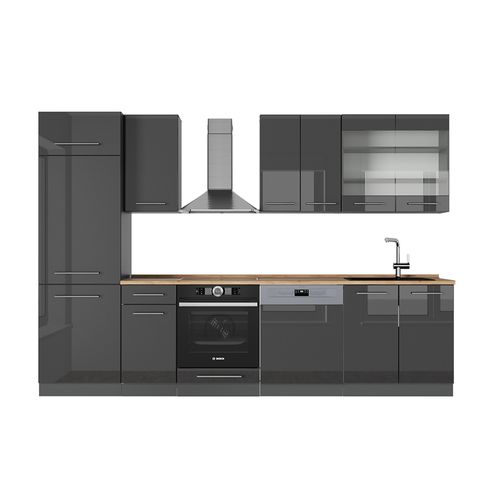 Cuisine Fame-line 57054 Anthracite Haute Brillance 300cm , Pt Chêne