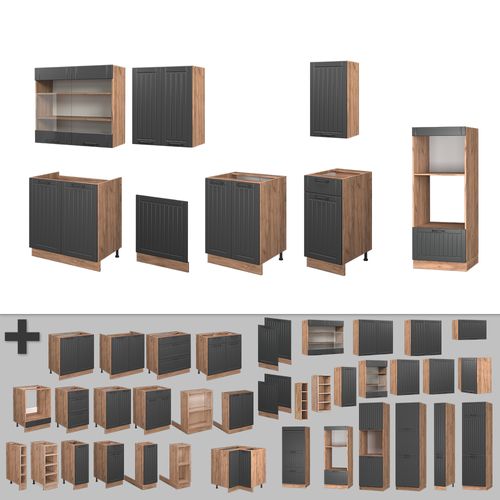 Cuisine Fame-line 57056 Gris Foncé 300cm Avec Armoire Haute, Sans Pt