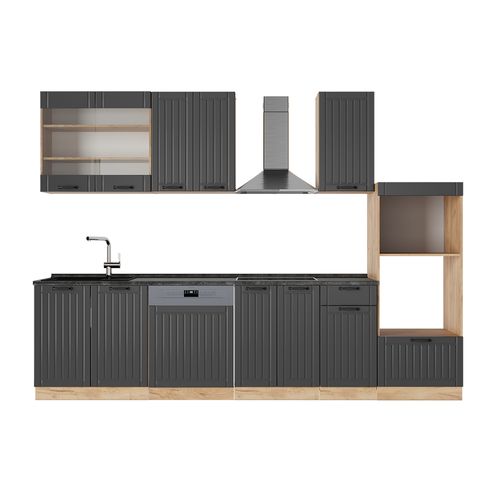 Cuisine Fame-line 57056 Gris Foncé 300cm Avec Armoire Haute, Sans Pt