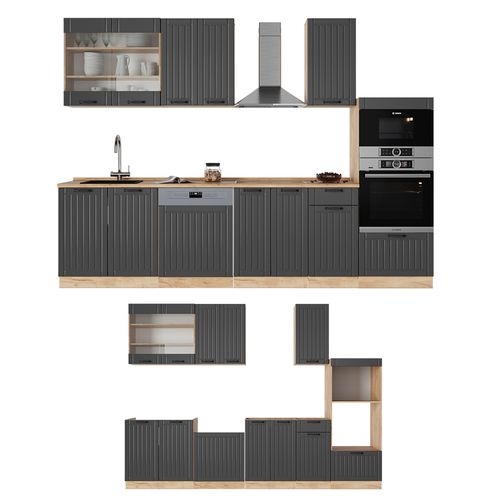 Cuisine Fame-line 57056 Gris Foncé 300cm Avec Armoire Haute, Sans Pt