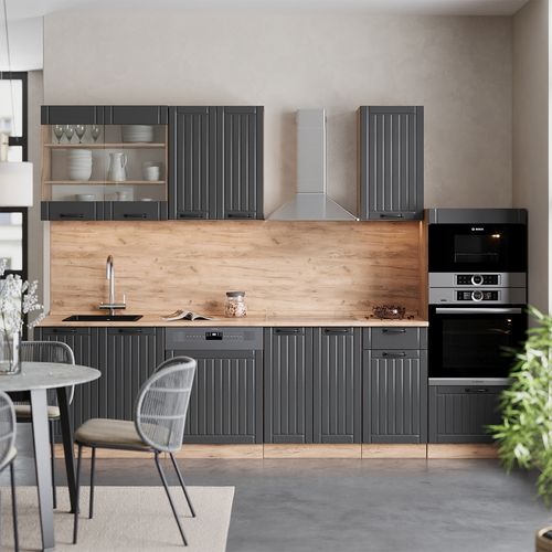 Cuisine Fame-line 57056 Gris Foncé 300cm Avec Armoire Haute, Sans Pt