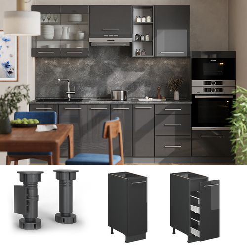 Meuble De Cuisine Fame-line 57066 Anthracite Haute Brillance 30cm , Pt Chêne