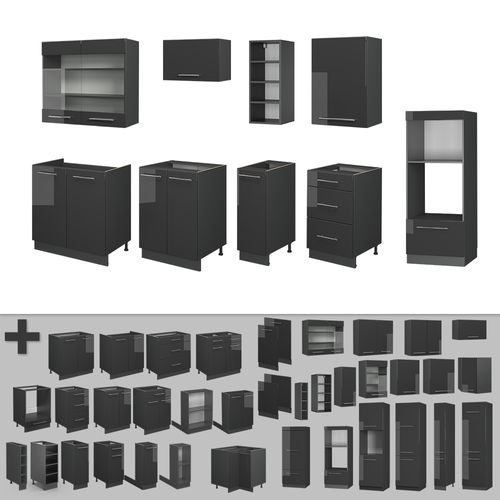 Cuisine Fame-line 57086 Anthracite Haute Brillance 280cm , Pt Chêne