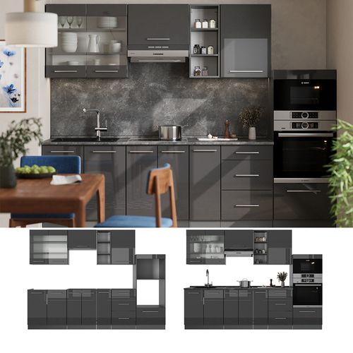 Cuisine Fame-line 57086 Anthracite Haute Brillance 280cm , Pt Chêne