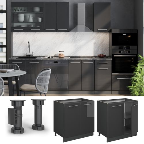 Meuble Bas Sous-évier Fame-line 57098 Anthracite Haute Brillance 80cm Avec Étagère, Pt Anthracite