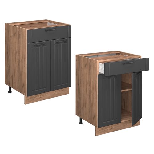 Meuble Cuisine Fame-line 57107 Gris Foncé 60cm Avec Tiroir, Pt Chêne