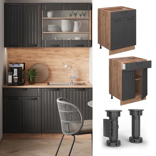 Meuble Cuisine Fame-line 57107 Gris Foncé 60cm Avec Tiroir, Pt Chêne
