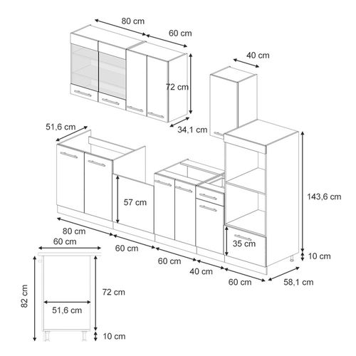 Cuisine Fame-line 57132 Gris Foncé 300cm Avec Armoire Haute, Pt Chêne