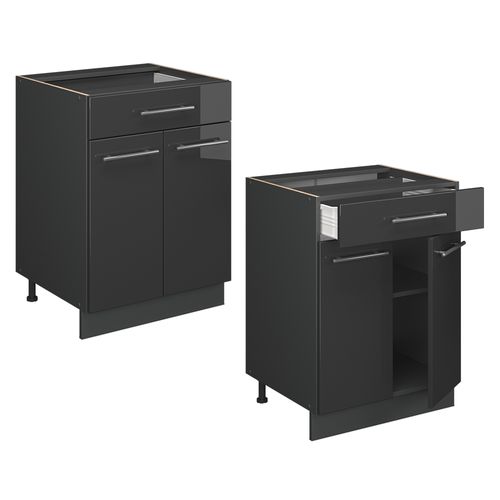 Meuble Cuisine Fame-line 57137 Anthracite Haute Brillance 60cm Avec Tiroir, Sans Pt