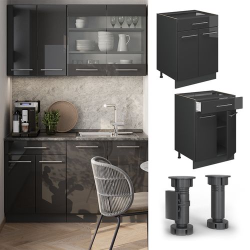 Meuble Cuisine Fame-line 57137 Anthracite Haute Brillance 60cm Avec Tiroir, Sans Pt