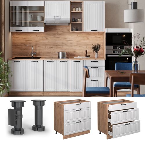 Meuble Cuisine Fame-line 57156 Blanc Campagne 80cm Avec 3 Tiroirs, Pt Chêne