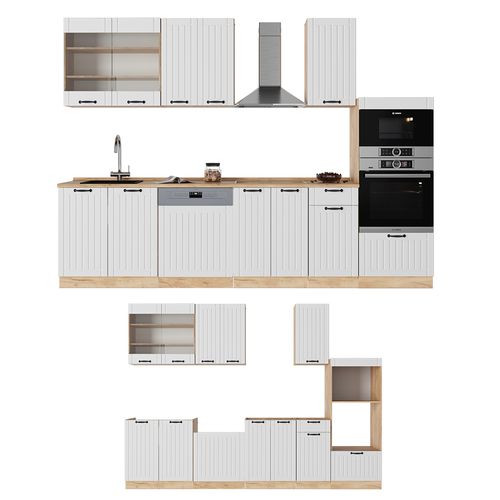 Cuisine Fame-line 57171 Blanc Campagne 300cm Avec Armoire Haute, Sans Pt
